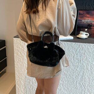 Black Faux Fur Mini Purse w/ Cross Body Strap and Handles